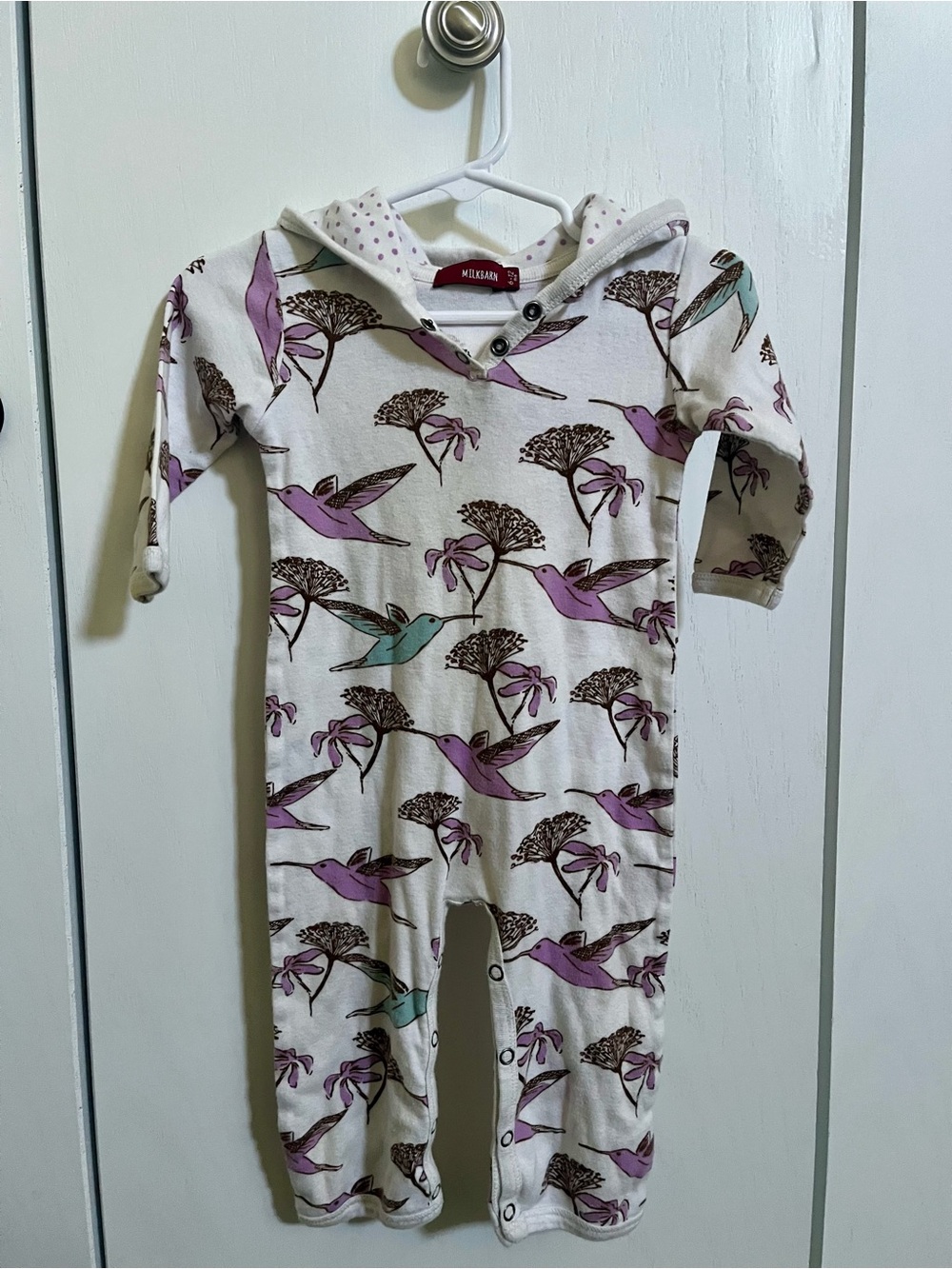 Milkbarn Hummingbird Print Hooded Baby One-Piece - Cream & Purple